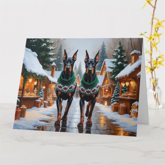 Tarjeta Vacaciones de nieve para Navidades de perros Dober (flor amarilla)
