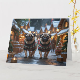 Tarjeta Vacaciones de nieve para Navidades de perros Pug
