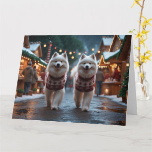 Tarjeta Vacaciones de nieve para Navidades de perros samoy
