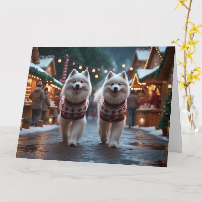 Tarjeta Vacaciones de nieve para Navidades de perros samoy (flor amarilla)