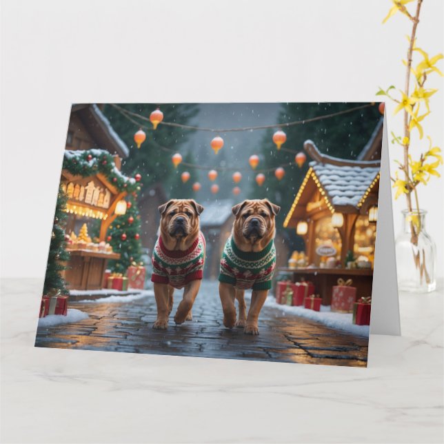 Tarjeta Vacaciones de nieve para Navidades de Shar Pei Dog (flor amarilla)
