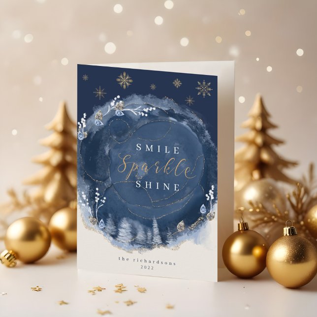 Tarjeta Vacaciones nocturnas de invierno con tinta de colo (Navy Watercolor Ink & Jewels Winter Night Holiday Card)