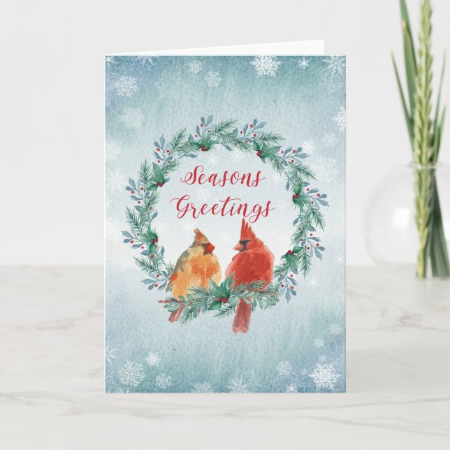 Tarjeta Vacaciones - Wreath con par de cardenales (Anverso)