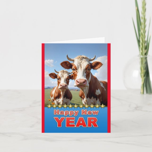 Tarjeta vacas de feliz año nuevo (Anverso)