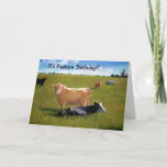 Tarjeta Vacas: Funny Belated Birthday: Cumpleaños de la Pa<br><div class="desc">Trate el cumpleaños olvidado con algo de humor enviando esta carta que juega con la palabra "pasture".  La imagen es mi pintura pastel de unas vacas en un pasto soleado.  Las palabras son personalizable.</div>