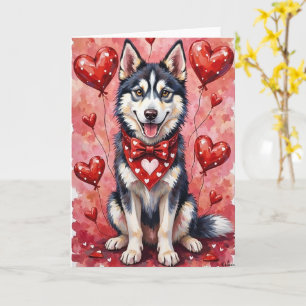 Tarjeta Valentín de Husky Siberiano Sentado con Corazones