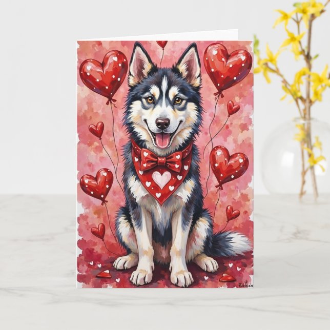 Tarjeta Valentín de Husky Siberiano Sentado con Corazones (flor amarilla)