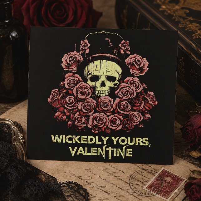 Tarjeta Valentín gótico de cráneo y rosas perversamente tu (Subido por el creador)