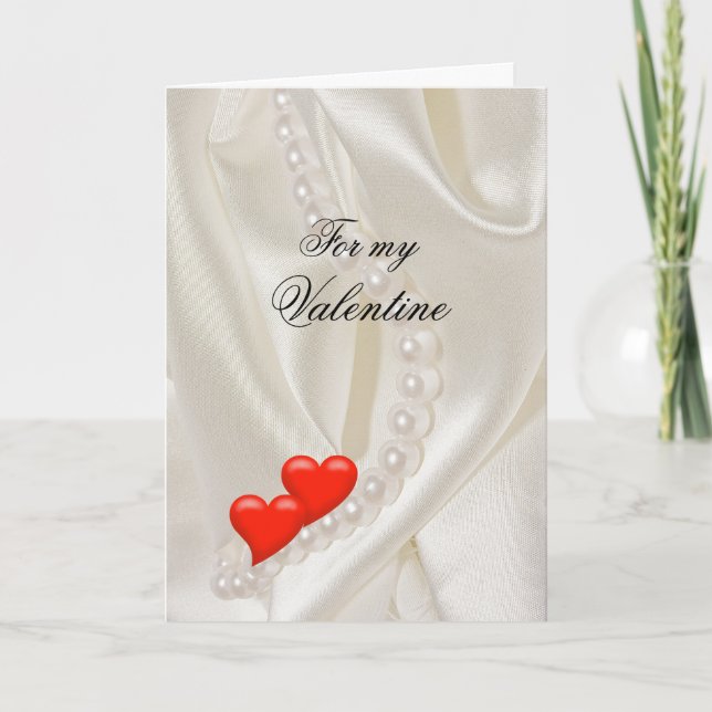 Tarjeta Valentine for wife Two Hearts and Pearls on satin (Anverso)