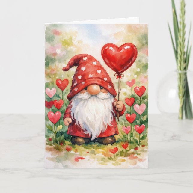 Tarjeta Valentine Gnome with Red Heart Balloon (Anverso)
