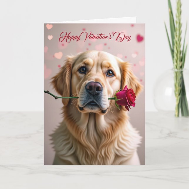 Tarjeta Valentine Golden Retriever con Rosa (Anverso)