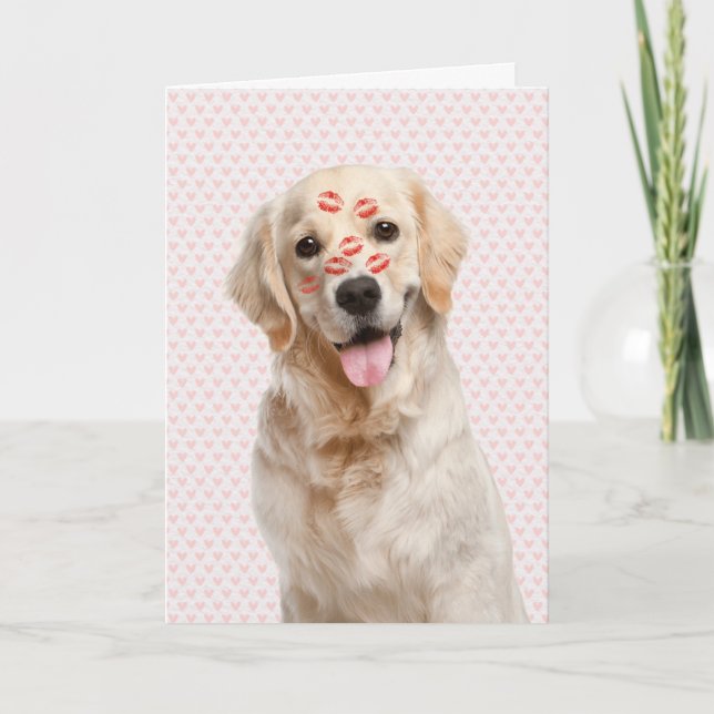 Tarjeta Valentine Pink Hearts with Golden Retriever (Anverso)