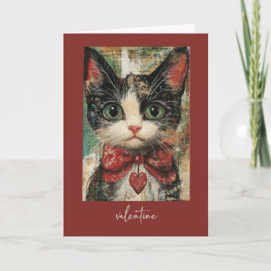 Tarjeta Valentine Whimsical Painterly Cat con corazón rojo