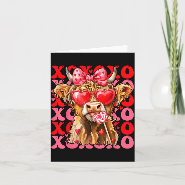 Tarjeta Valentine Xoxo Highland Cow Cute Coquette Bow West (Anverso)