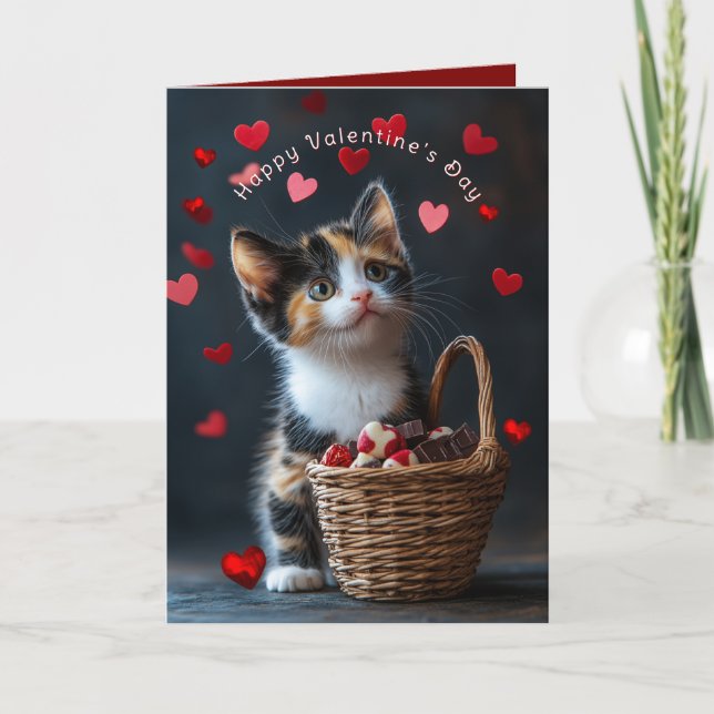 Tarjeta Valentine's Calico Kitten Chocolates Red Hearts  (Anverso)