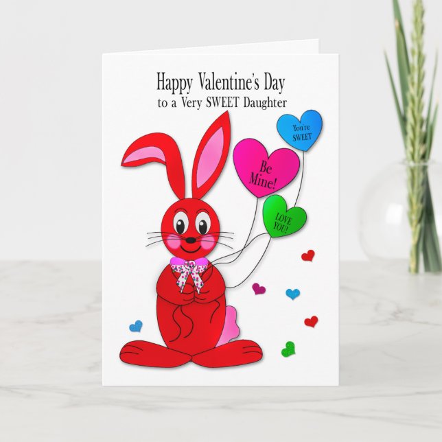 Tarjeta Valentines  daughter Red Bunny Heart Balloons Card (Anverso)