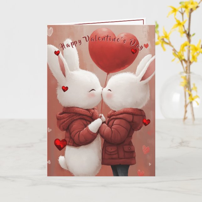 Tarjeta Valentine's Day Card Bunnies Red Hearts  (flor amarilla)