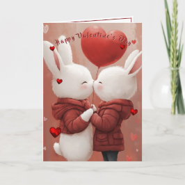 Tarjeta Valentine's Day Card Kissing Bunnies Red Hearts