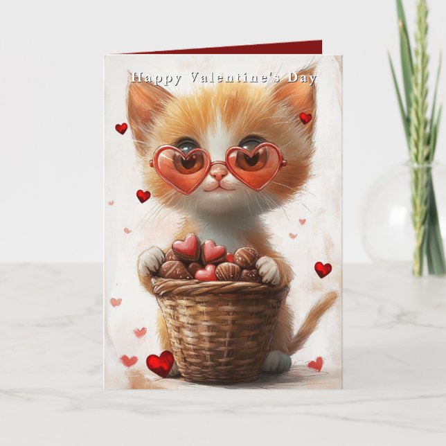 Tarjeta Valentine's Day Ginger Cat Basket Hearts  (Anverso)