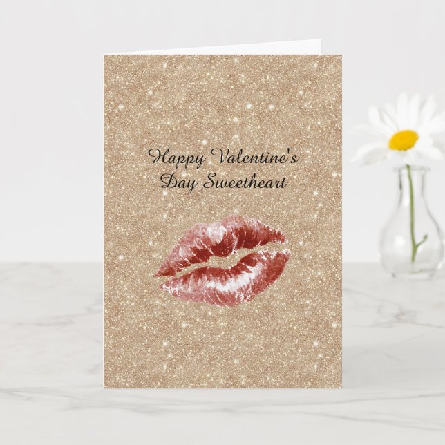 Tarjeta Valentine's Day Gold Glitter Red Lips Kiss (Planta pequeña)