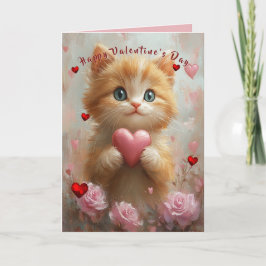 Tarjeta Valentine's Day Kitten Red Hearts Pink Roses