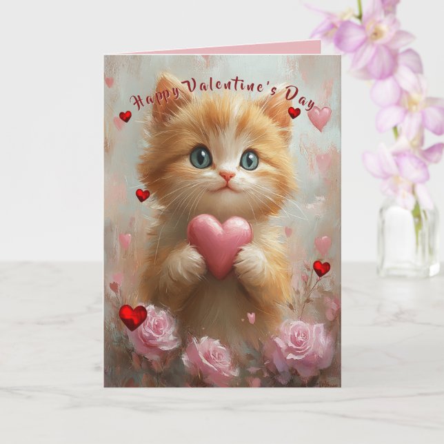 Tarjeta Valentine's Day Kitten Red Hearts Pink Roses (Orquídea)