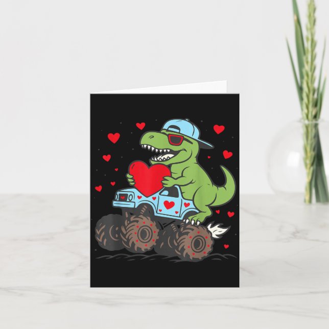 Tarjeta Valentines Day T Rex Riding Monster Truck Funny To (Anverso)