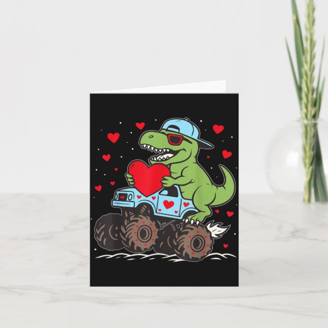 Tarjeta Valentines Day T Rex Riding Monster Truck Funny To (Anverso)