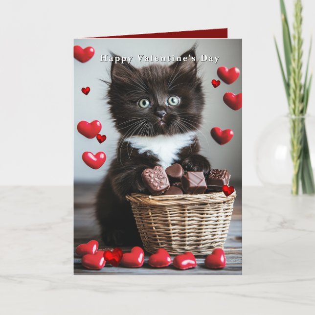 Tarjeta Valentine's Day Tuxedo Cat Red Hearts  (Anverso)