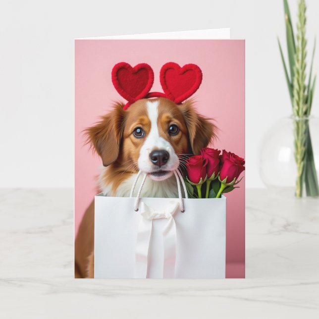 Tarjeta Valentines Puppy With Roses Card (Anverso)