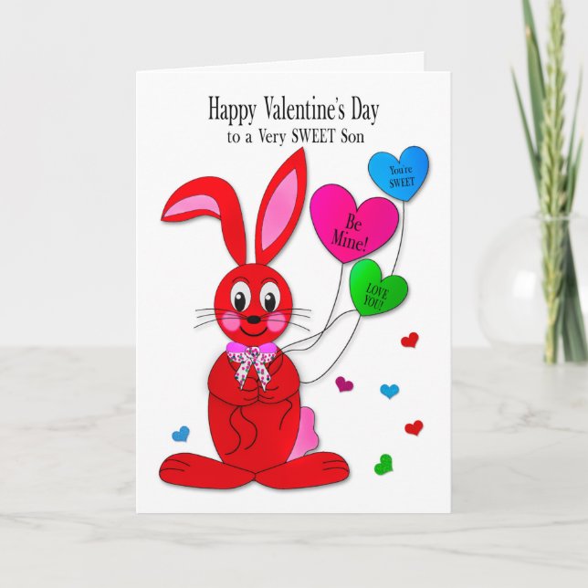 Tarjeta Valentines  Son Red Bunny Heart Balloons (Anverso)