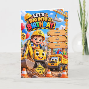 Tarjeta ¡Vamos a Cavar en un Cumpleaños! Camiones de Const