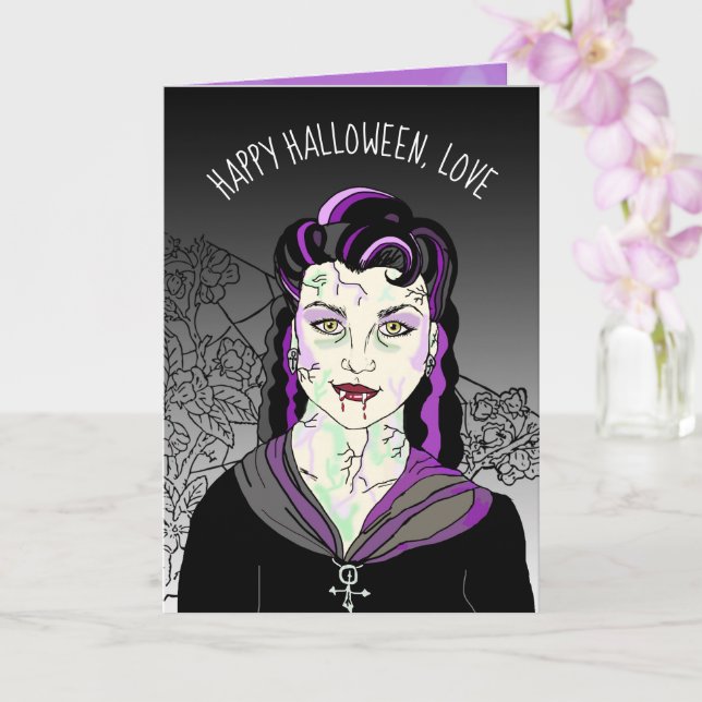 Tarjeta Vampiro femenino, truco romántico de Halloween o t (Orquídea)