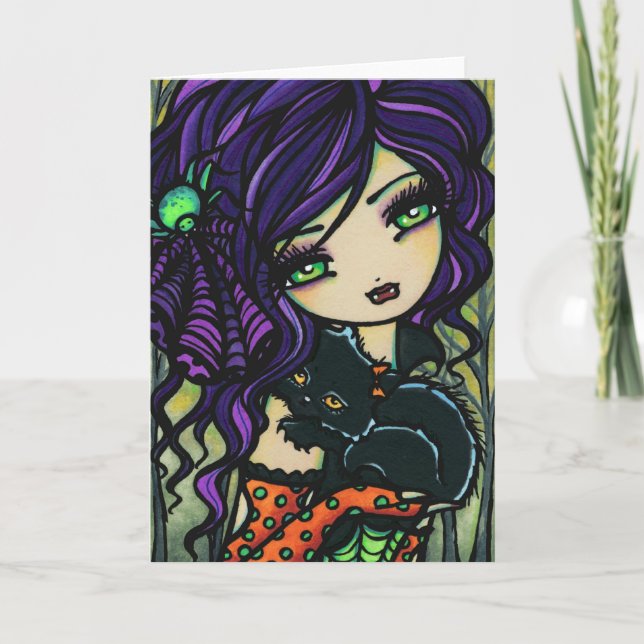 Tarjeta Vampiro Gato Negro Halloween Fantasy Fairy Art (Anverso)
