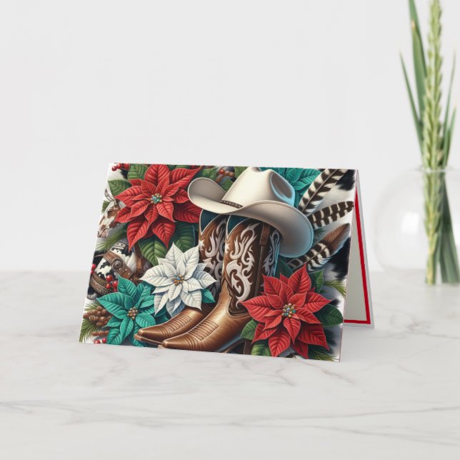 Tarjeta Vaquero occidental bota vaca floral esconde Navida (Anverso)