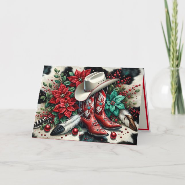 Tarjeta Vaquero occidental bota vaca floral esconde Navida (Anverso)
