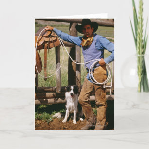 Tarjeta Vaquero que presenta con el lazo y el perro casero