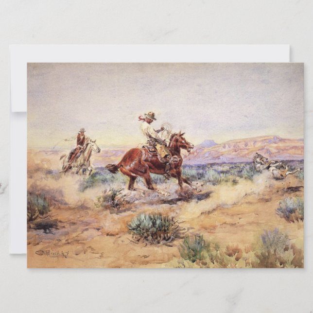 Tarjeta Vaqueros atrapando un lobo con un Lasso Rojo (Anverso)