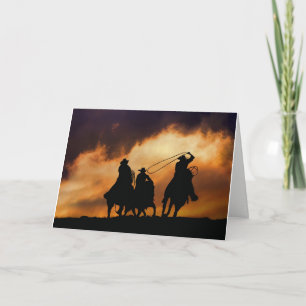 Tarjeta Vaqueros bailando al atardecer en blanco