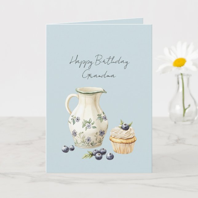 Tarjeta Vase Blueberries Cupcake Birthday (Planta pequeña)