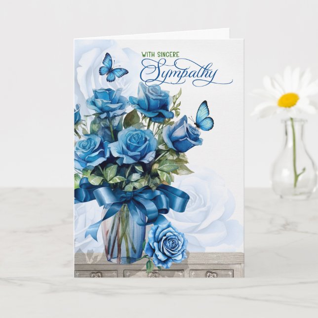 Tarjeta Vase of Blue Roses with Butterflies Sympathy (Planta pequeña)