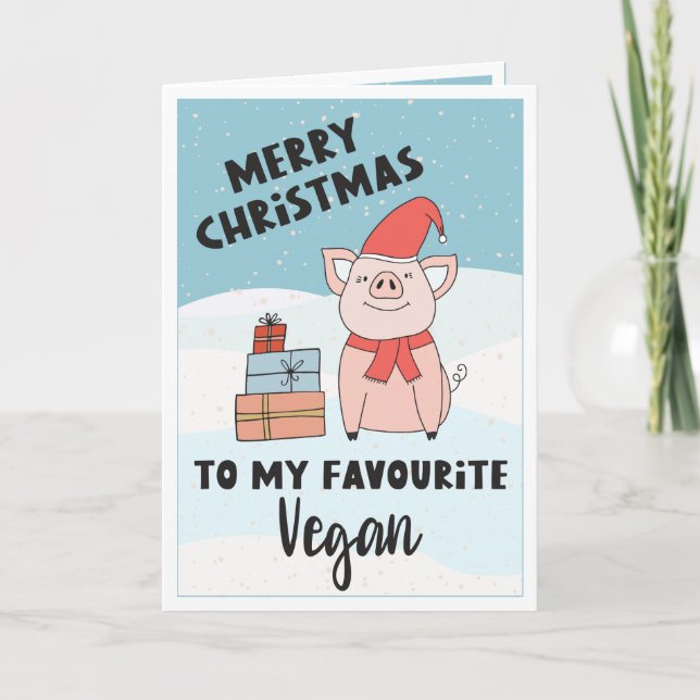 Tarjeta Vegan alegre Navidad con adorables lechones y rega (Anverso)