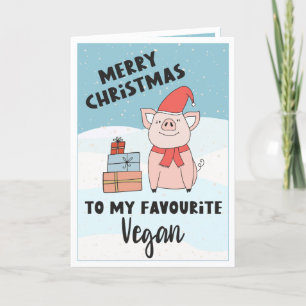 Tarjeta Vegan alegre Navidad con adorables lechones y rega