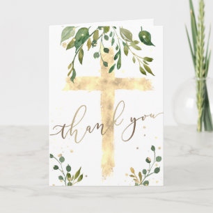 Tarjeta vegetación y cruz de papel de oro falso  Gracias