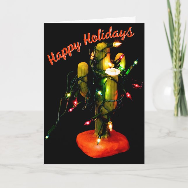 Tarjeta Vela de cactus envuelta en luces de Navidad (Anverso)