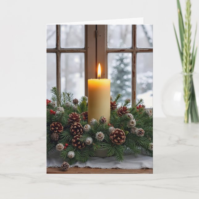 Tarjeta Vela de Navidad en un Centro de Pino (Anverso)