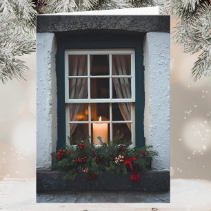 Tarjeta Vela de Navidad irlandesa en la ventana Feliz Navi
