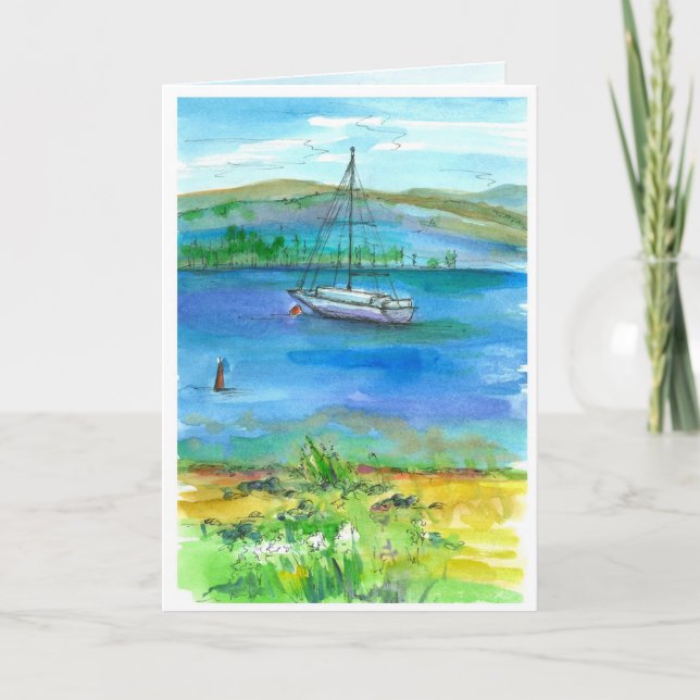 Tarjeta Vela Mountain Lake Watercolor Feliz cumpleaños (Anverso)