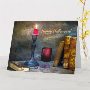 Tarjeta Vela Roja Vintage Feliz Halloween y Libros Antiguo