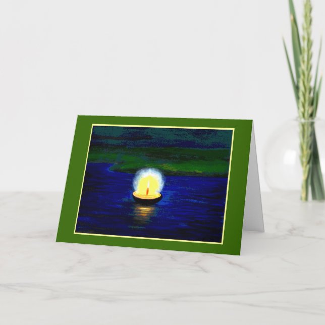 Tarjeta Vela única Diwali sobre verde (Anverso)